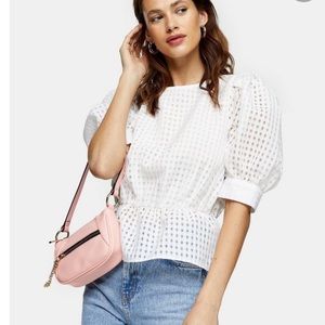 Topshop Ivory Sheer Check Puff Sleeve Blouse